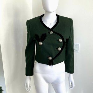 Austrian Vintage Green Wool Cropped Blazer Acorn Leaf Pattern